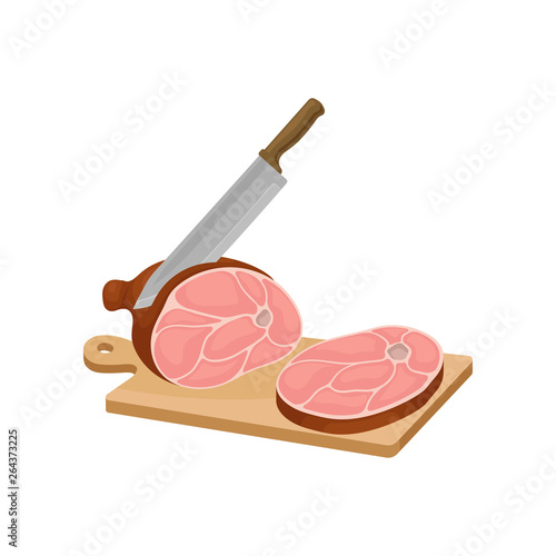 Knife cuts a piece of meat on a board. Vector illustration.