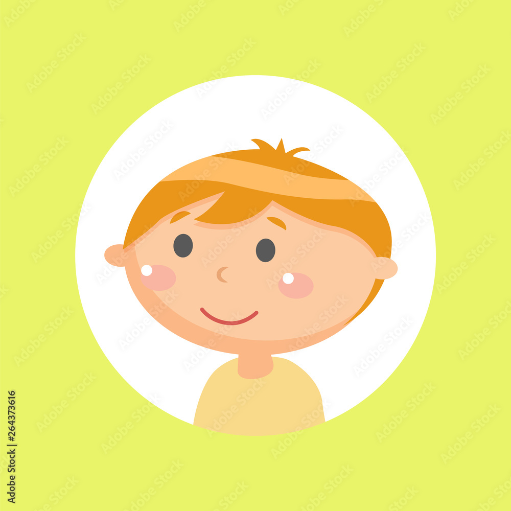 Smiling teenager in casual clothes, glossy view of boy face, kid flat style in round sticker isolated on yellow, little person, emotion of character vector Smiling teenager in casual clothes, glossy view of boy face, kid flat style in round sticker isolated on yellow, little person, emotion of character vector