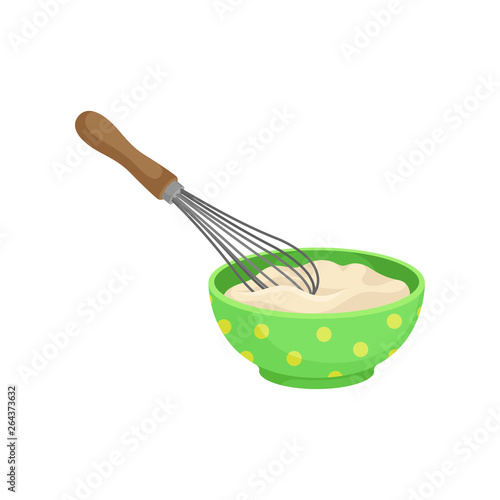 Ceramic bowl full of fresh dough with a whisk. Vector illustration.