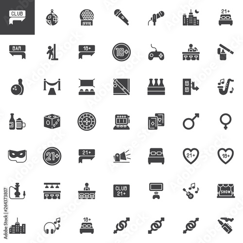 Night life vector icons set, modern solid symbol collection, filled style pictogram pack. Signs, logo illustration. Set includes icons as nightlife party time, theater, Bar counter, Night cityscape