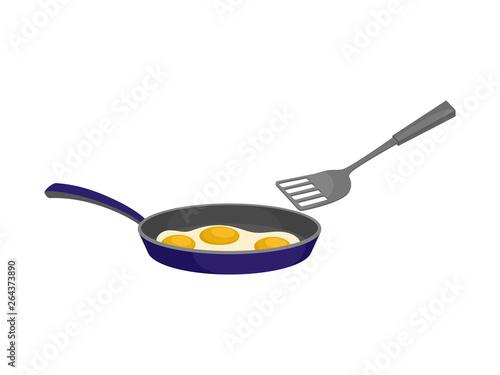 Three eggs are fried in a pan. Vector illustration.