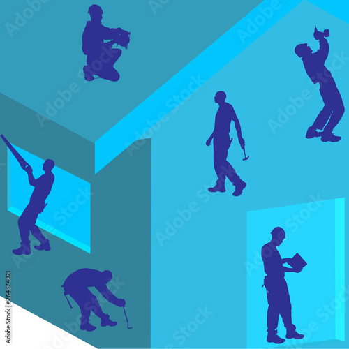 Vector silhouette of construction worker on the house. Symbol of home service.