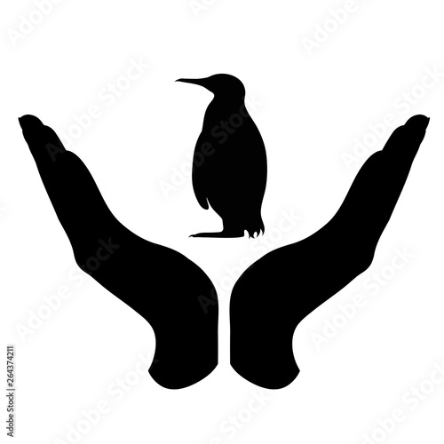 Vector silhouette of a hand in a defensive gesture protecting a penguin. Symbol of animal, wild,antarctica, nature, humanity, care, protection.