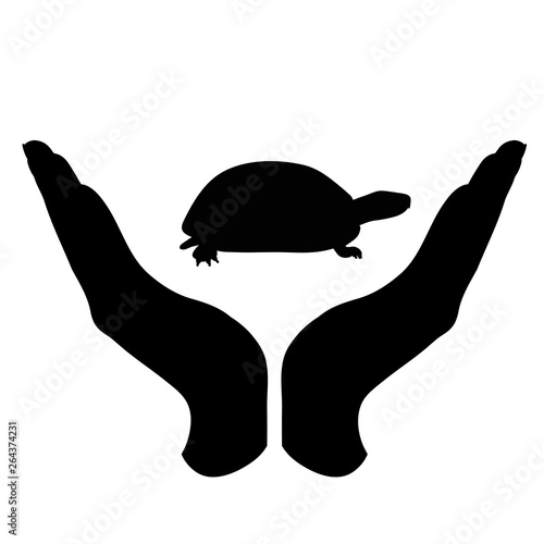 Vector silhouette of a hand in a defensive gesture protecting a turtle. Symbol of animal, wild, nature, humanity, care, protection.