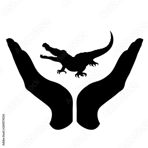 Vector silhouette of a hand in a defensive gesture protecting a crocodile. Symbol of animal, wild, nature, humanity, care, protection.