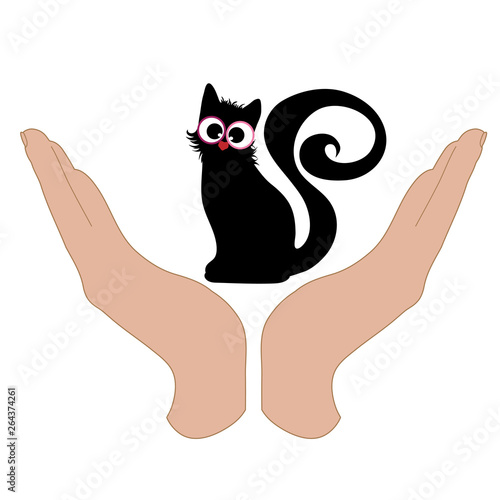 Vector illustration of a hand in a defensive gesture protecting a cat. Symbol of animal, pet, nature, humanity, care, protection, veterinary.