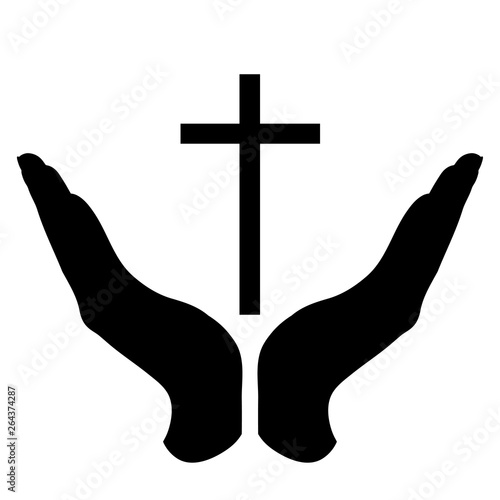 Vector silhouette of a hand in a defensive gesture protecting a cross. Symbol of religion,christianity, protection,faith,
