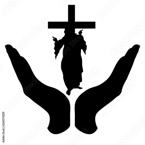 Vector silhouette of a hand in a defensive gesture protecting a God with cross. Symbol of religion,christianity, protection,faith,