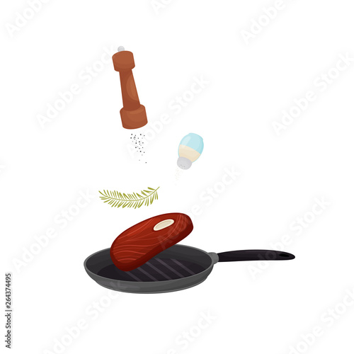 Pour the meat, dill, salt and pepper in the pan. Vector illustration.