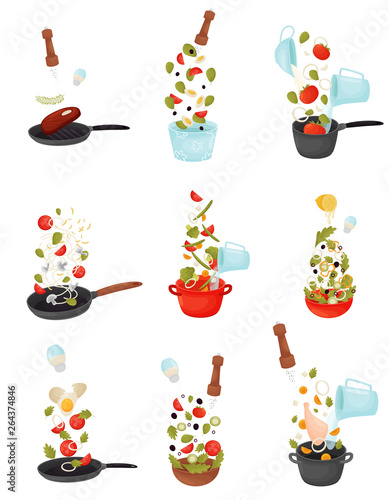 Set of vector illustrations of the process of cooking salad, soup, roasting meat and fish.