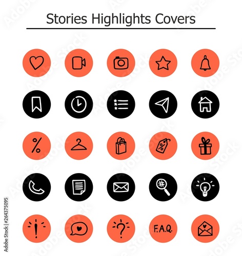 Trendy Highlights Stories Icons. Set of 25 hand drawn illustration covers in coral, black and white colours. Fully editable, scalable vector file.