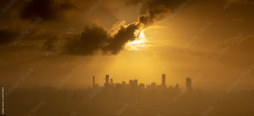 Brisbane City sunrise with dramatic mist Brisbane City sunrise with dramatic mist
