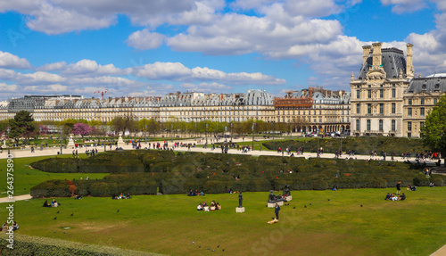 The Louvre Palace, the labyrinth and marvelous Tuileries garden in Paris city in spring. Paris France. April 2019. 