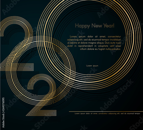 Gold lines 2020 New Year on a dark background Creative element for design luxury cards invitations party for the New Year 2020 and Christmas Modern design gold line 2020 festive invitation card Vector