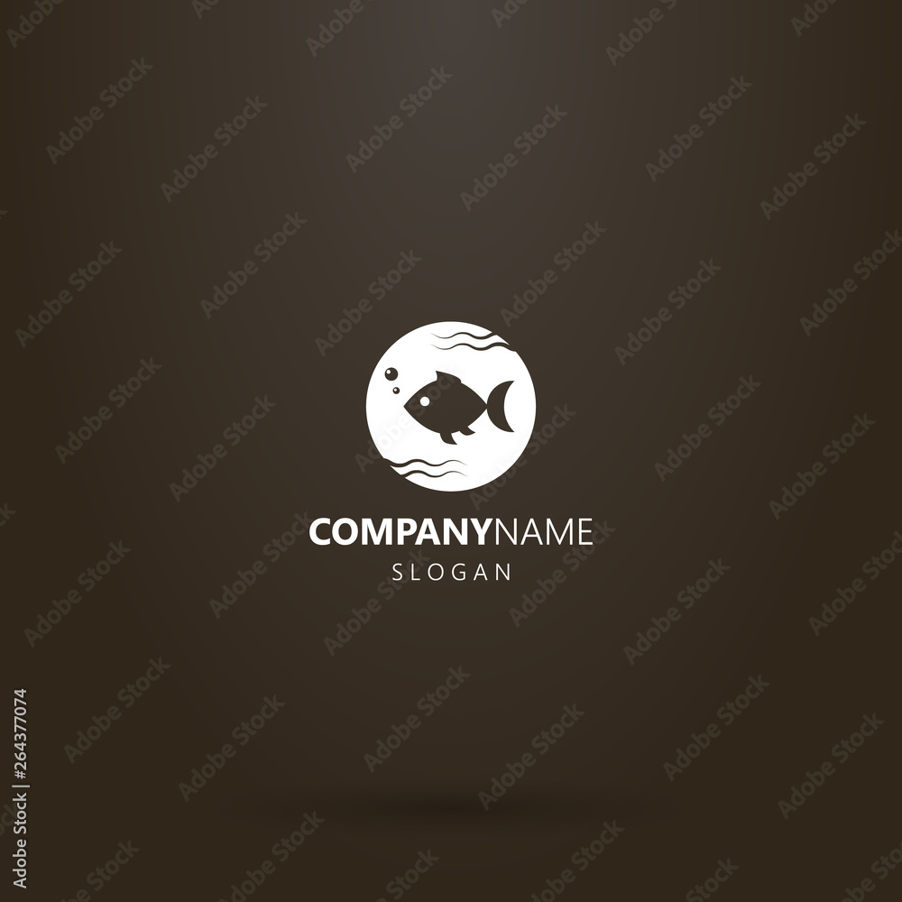 white logo on a black background. simple vector round negative space round logo of fish swimming in water