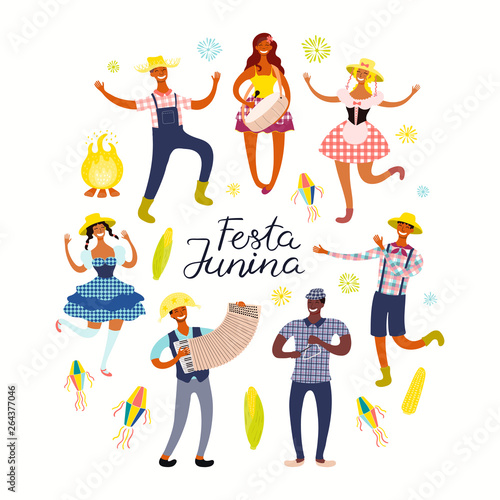 Festa Junina poster with dancing people, musicians, lanterns, Portuguese text. Isolated objects on white background. Hand drawn vector illustration. Flat style design. Concept holiday banner, flyer.