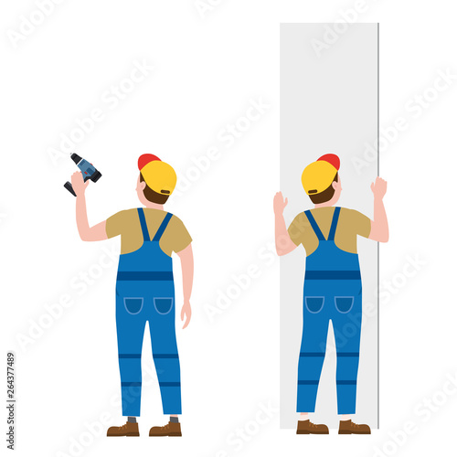 Workers, with a screwdriver, installing gypsum plasterboard panels