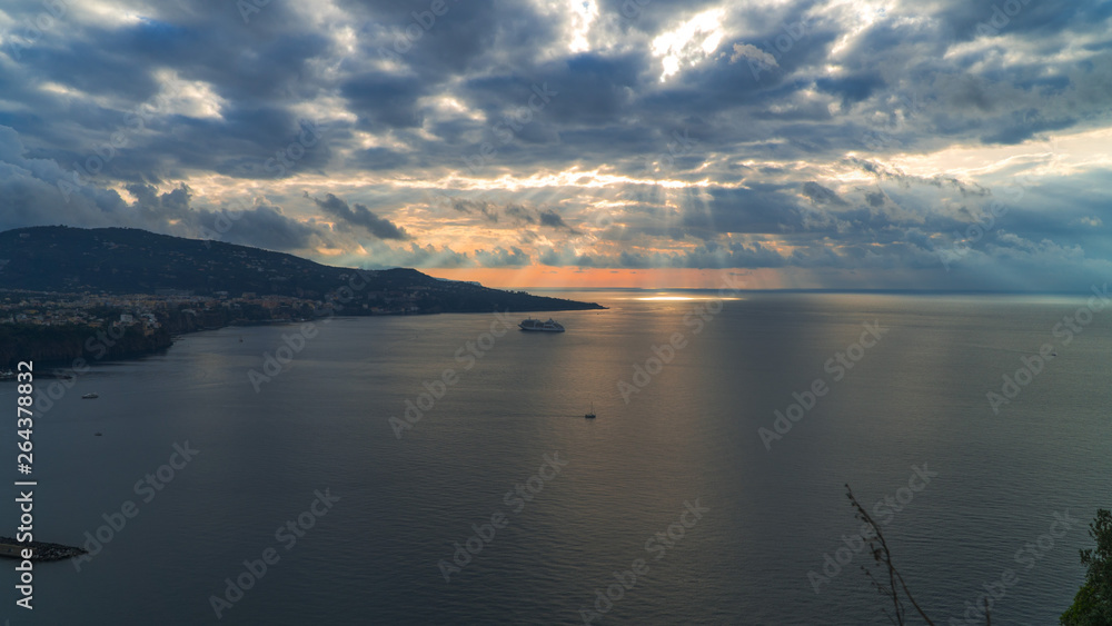 Fototapeta premium Meta, Sorrento, port bay, comune Naples, travel, hotels, beautiful clouds. Travel to Europe, italy vacation, cruise liner, sun light lines, transportations