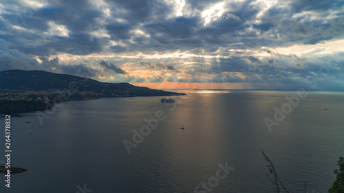 Meta  Sorrento  port bay   comune Naples  travel  hotels  beautiful clouds. Travel to Europe  italy vacation  cruise liner  sun light lines  transportations