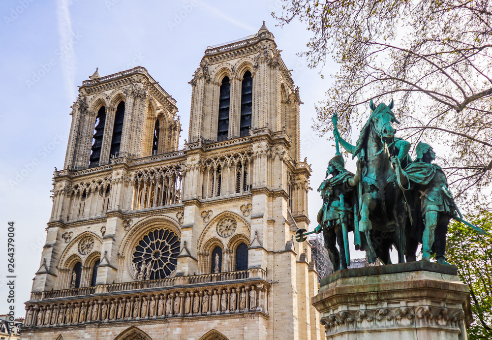 Notre Dame Cathedral and Charlemagne and his Guards statue. Before the fire. April 05, 2019. Paris France