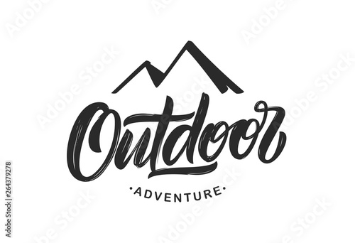 Handwritten Modern brush lettering composition of Outdoor adventure with silhouette of mountains.