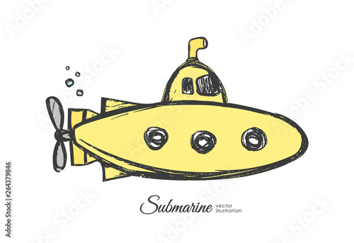 Hand drawn textured cartoon yellow submarine on white background.
