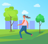 Fitness and sport, morning jogging in park vector. Woman running on grass among trees with skyscrapers on horizon, daily workout and healthy lifestyle