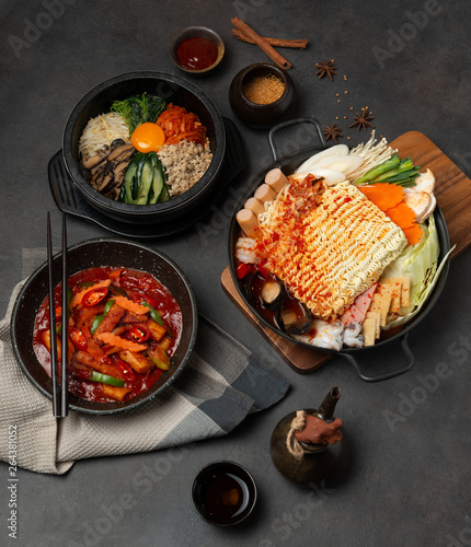 Obraz na plátne Assorted Korea food set ,Grey background,Top view.