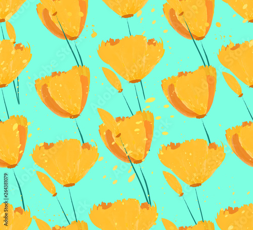 Seamless pattern with yellow tulips. Blooming Californian poppies. Spring background with abstract yellow flowers.