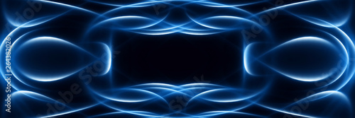 Blue glowing abstract waves on a black backdrop. Futuristic panoramic background.