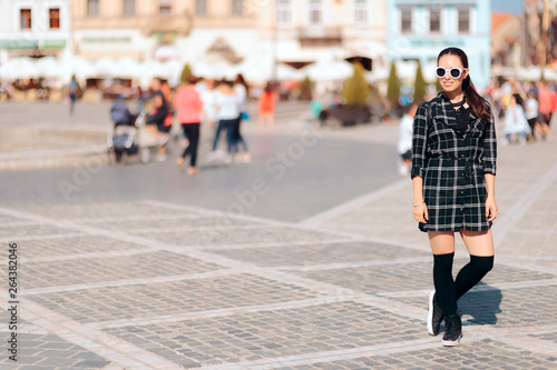 Trendy Woman With Shirt Dress and Sunglasses on Vacation