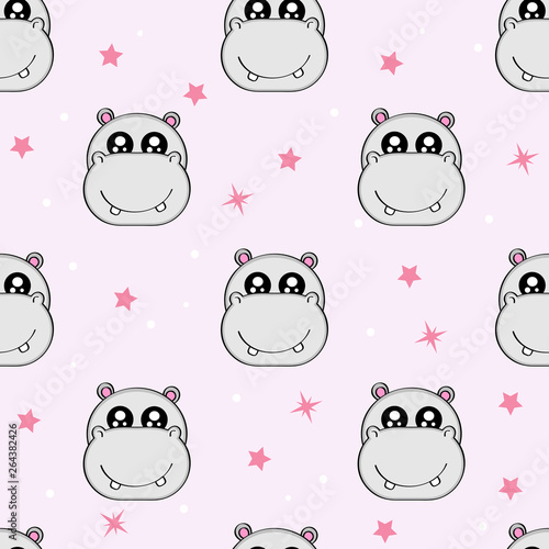 Cute kids hippo pattern for girls and boys. Colorful hippo, stars on the abstract background create a fun cartoon drawing. The hippo pattern is made in neon colors. Urban pattern for textile