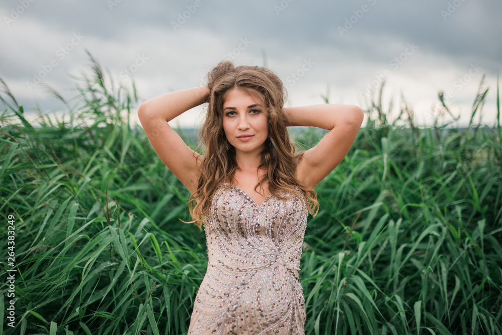 beautiful young girl in a summer dress in a field on a background of green grass beautiful young girl in a summer dress in a field on a background of green grass