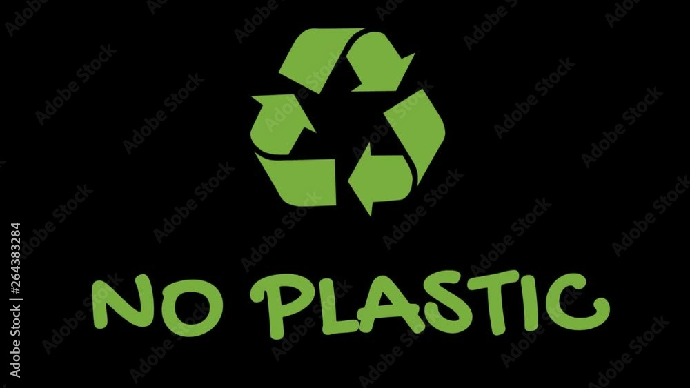 Animation of recycling icon with 'green' slogan - No Plastic. Green on black