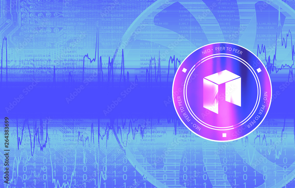 Neo digital crypto currency. Сoin on the background of stock indexes. Cyber money. Neo digital crypto currency. Сoin on the background of stock indexes. Cyber money.