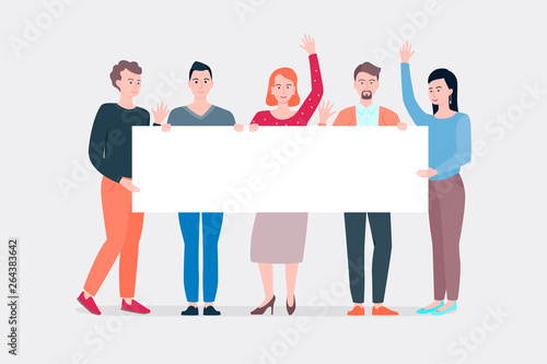 Teamwork group of people hold empty horizontal banner