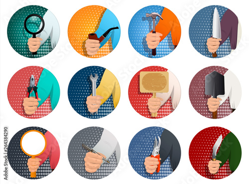 A set of icons for different professions, a person s hand holds a diverse professional tool. To advertise a different business. Realistic illustration. Vector.