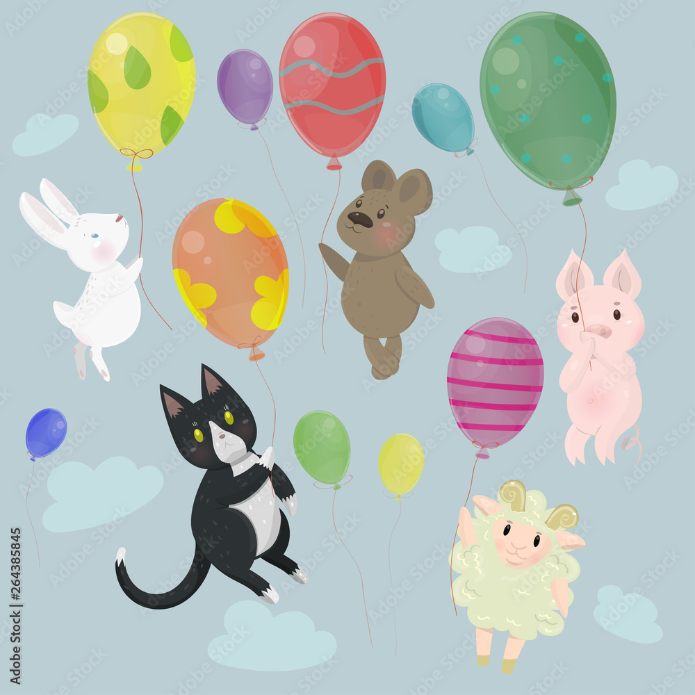Naklejka premium Collection with cute animals with balloons vector image