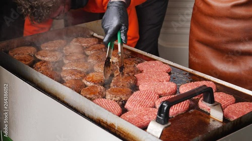 Burgers food truck cooking process making meat on a grill