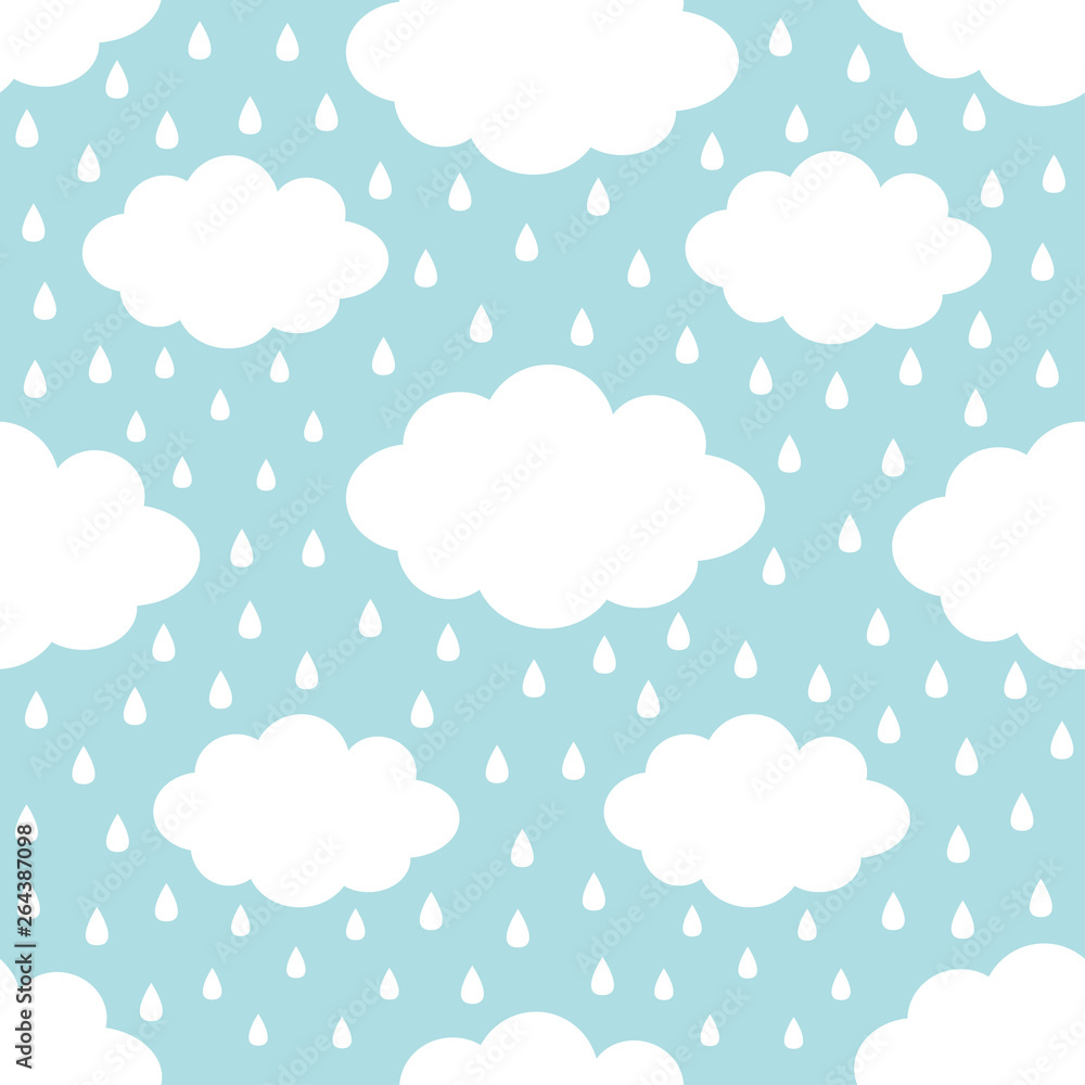 Seamless Pattern. White cloud in the sky. Rain drop. Cute cartoon kawaii funny baby kids decor. Wrapping paper, textile template. Nursery decoration. Blue background. Flat design.