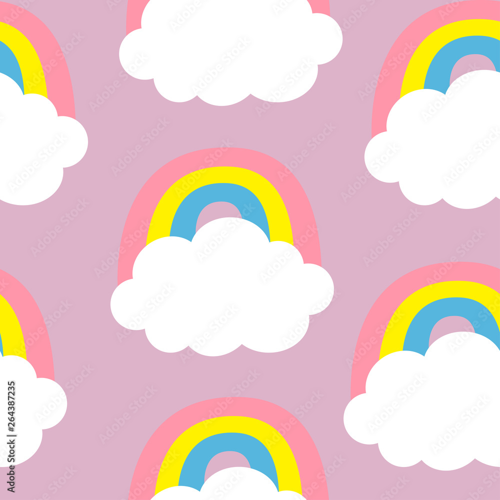 Cloud Colorful Rainbow. Seamless Pattern. Cute cartoon kawaii funny baby kids decor. Wrapping paper, textile template. Nursery decoration. Violet background. Flat design. Cloud Colorful Rainbow. Seamless Pattern. Cute cartoon kawaii funny baby kids decor. Wrapping paper, textile template. Nursery decoration. Violet background. Flat design.