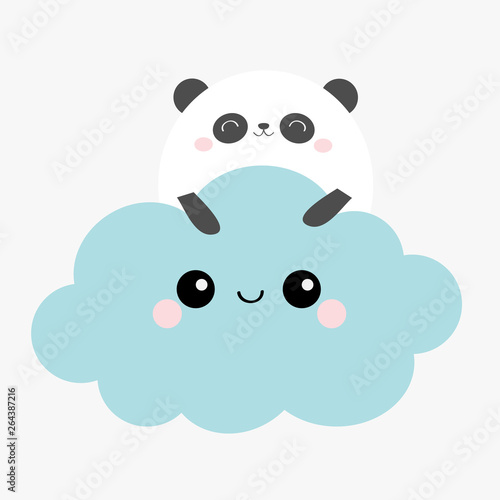 Panda bear face holding blue cloud in the sky. Cute cartoon kawaii funny smiling baby character. Nursery decoration. Kids print. White background. Flat design.