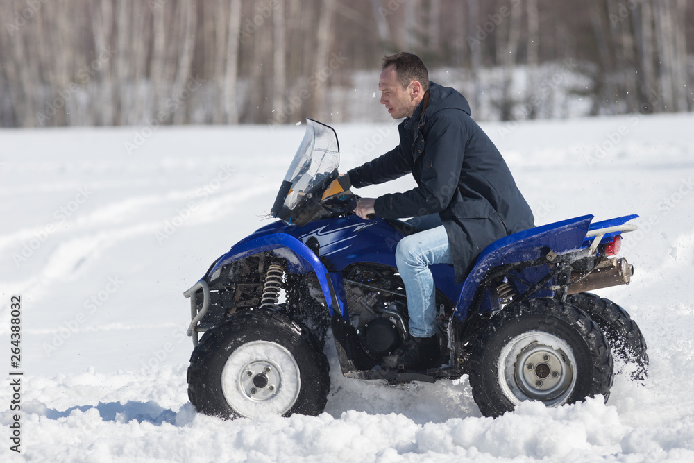 Fototapeta premium A winter forest in daylight. A man riding a big blue snowmobile
