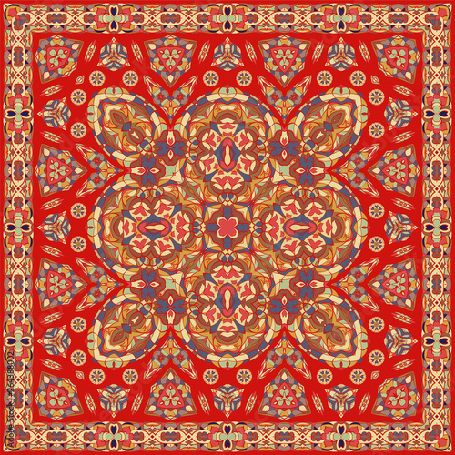 Ancient Arabic square pattern. Red Persian ornament for fabric design, interior decoration, textile scarf, carpet.
