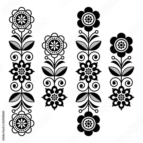 Scandinavian floral design elements, folk art patterns - long stripes in black and white