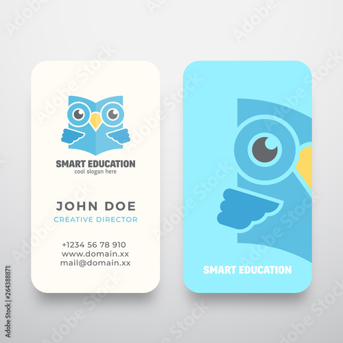 Smart Education Abstract Vector Sign or Logo and Business Card Template. Premium Stationary Realistic Mock Up. Learning Emblem. Flat Style Wise Owl Reading Book Concept with Typography.