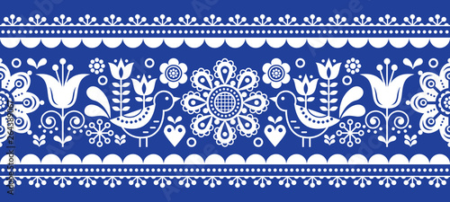  	 Scandinavian seamless vector pattern with flowers and birds, Nordic folk art repetitive in white on navy blue 