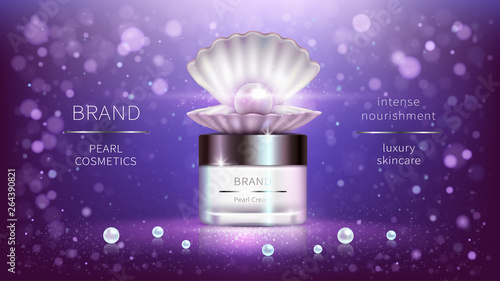Pearl cosmetics, vector realistic advertising poster. Shiny luxury packaging for cosmetic anti-aging product, open shell and precious pearls on purple background, mock up for glossy magazine