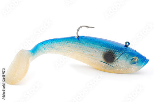 silicone bait with fish hook on white background