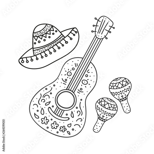 Coloring Page,Book and Antistress freehand sketch with mexican sombrero,guitar,maraca.Used for greeting card, poster design.Vector illustration.